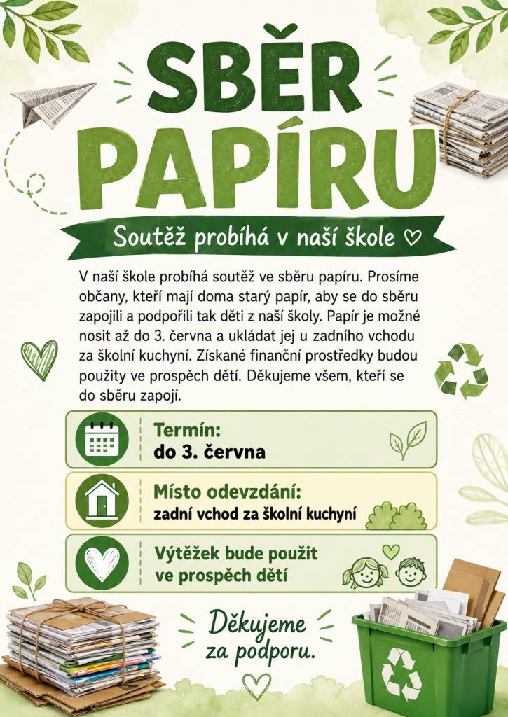 V naší škole probíhá soutěž ve sběru papíru. Prosíme občany, kteří mají doma starý papír, aby se do sběru zapojili a podpořili tak děti z naší školy. Papír je možné nosit až do 3. června a ukládat jej u zadního vchodu za školní kuchyní. Získané finanční prostředky budou použity ve prospěch dětí.