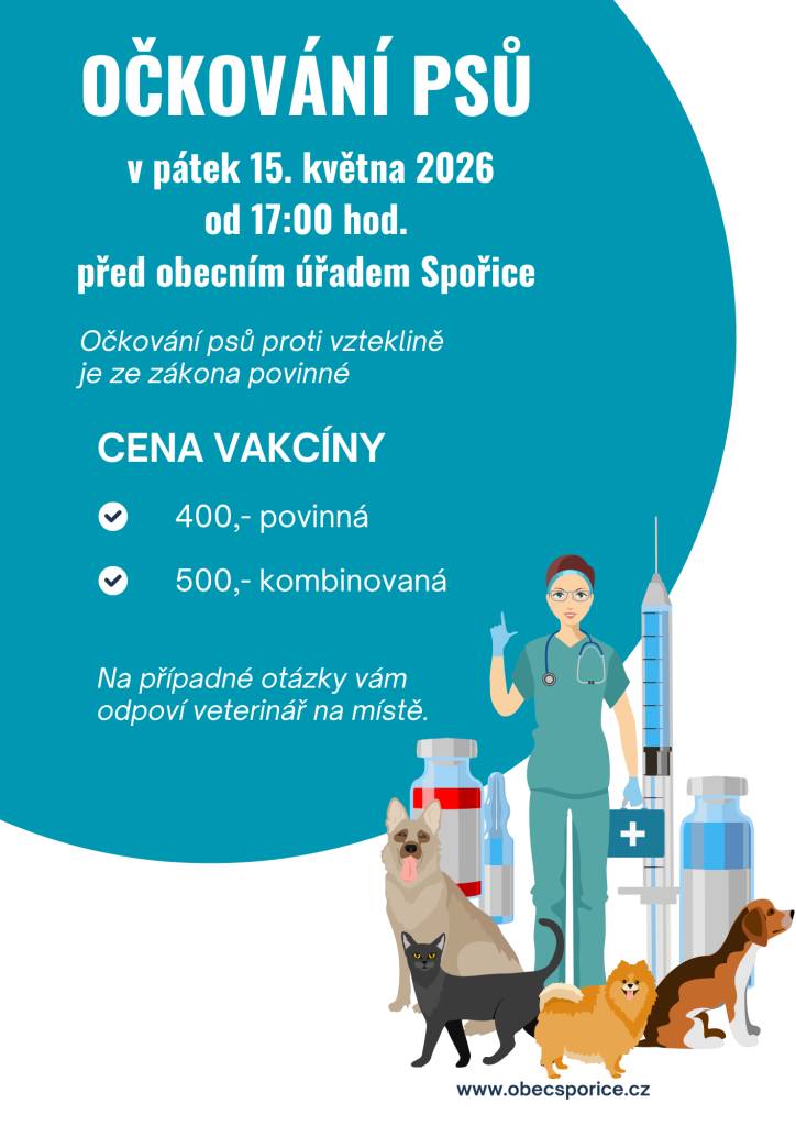 V pátek 15. května 2026 od 17:00 hodin proběhne v Hasičské zbrojnici očkování psů proti vzteklině.  Povinná vakcína Kč 400,-  Kombinovaná Kč 500,-