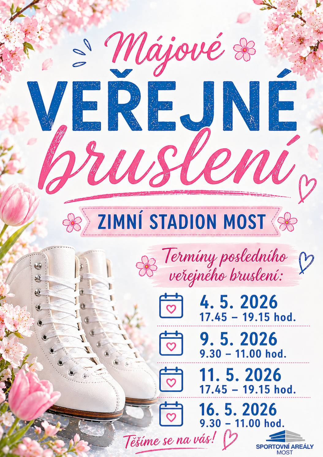 Tuto sobotu 9. 5. 2026 od 9:30 do 11:00 Vás zveme na zimní stadion na veřejné bruslení. Přijďte si užít jedno z posledních letošních bruslení. Těšíme se na Vás. Vstupné: 50 Kč. Více informací zde.