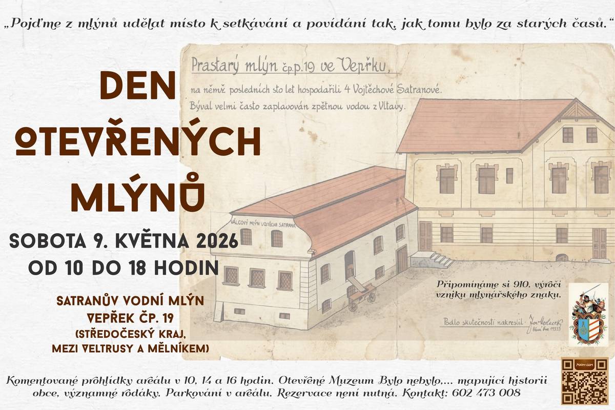 Satranův mlýn na Vepřku a Muzeum Bylo nebylo Vás zvou tuto sobotu od 10 do 18 hodin na Den otevřených mlýnů. V areálu mlýna budou 3 komentované prohlídky: v 10, 14 a 16 hodin. Muzeum bude volně otevřené celý den. Vstup zdarma!
