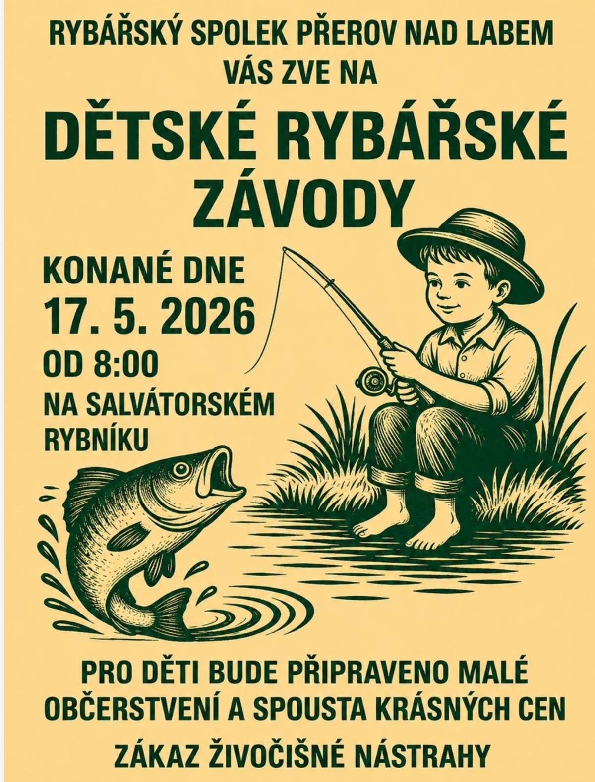 17.5.2026 od 8 hodin se uskuteční dětské rybářské závody na Salvátorském rybníku