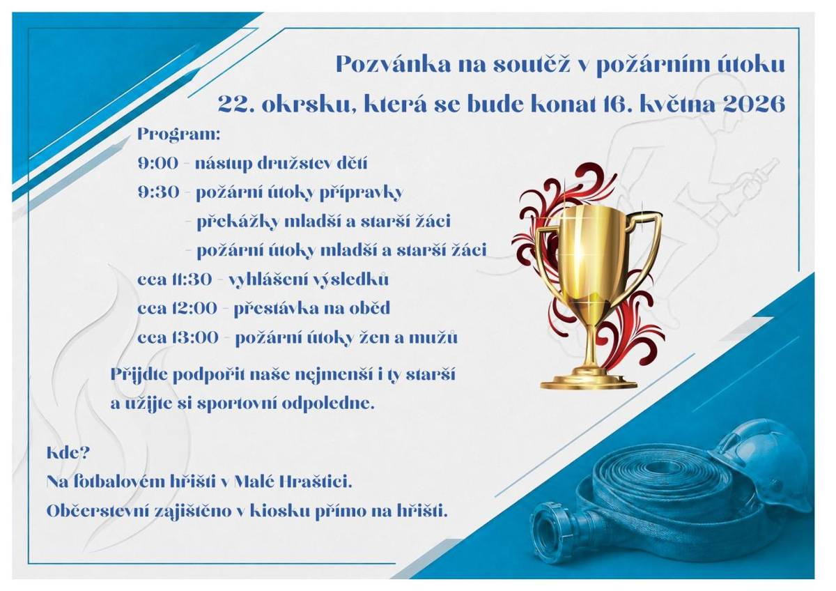 Soutěž v požárním útoku 22. okrsku se bude konat 16. 5. 2026.