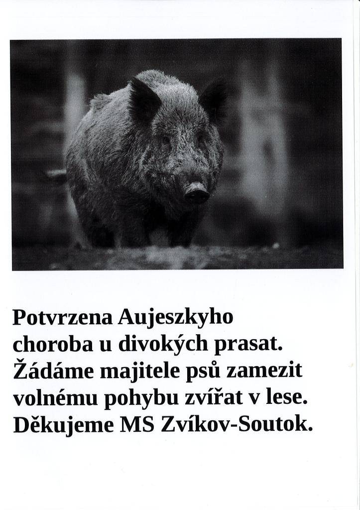 Potvrzena Aujeszkyho choroba u divokých prasat. Žádáme majitelé psů zamezit volnému pohybu zvířat v lese.  Děkujeme MS Zvíkov - Soutok