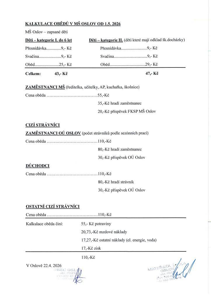 Ceny obědu v MŠ Oslov od 1.5.2026