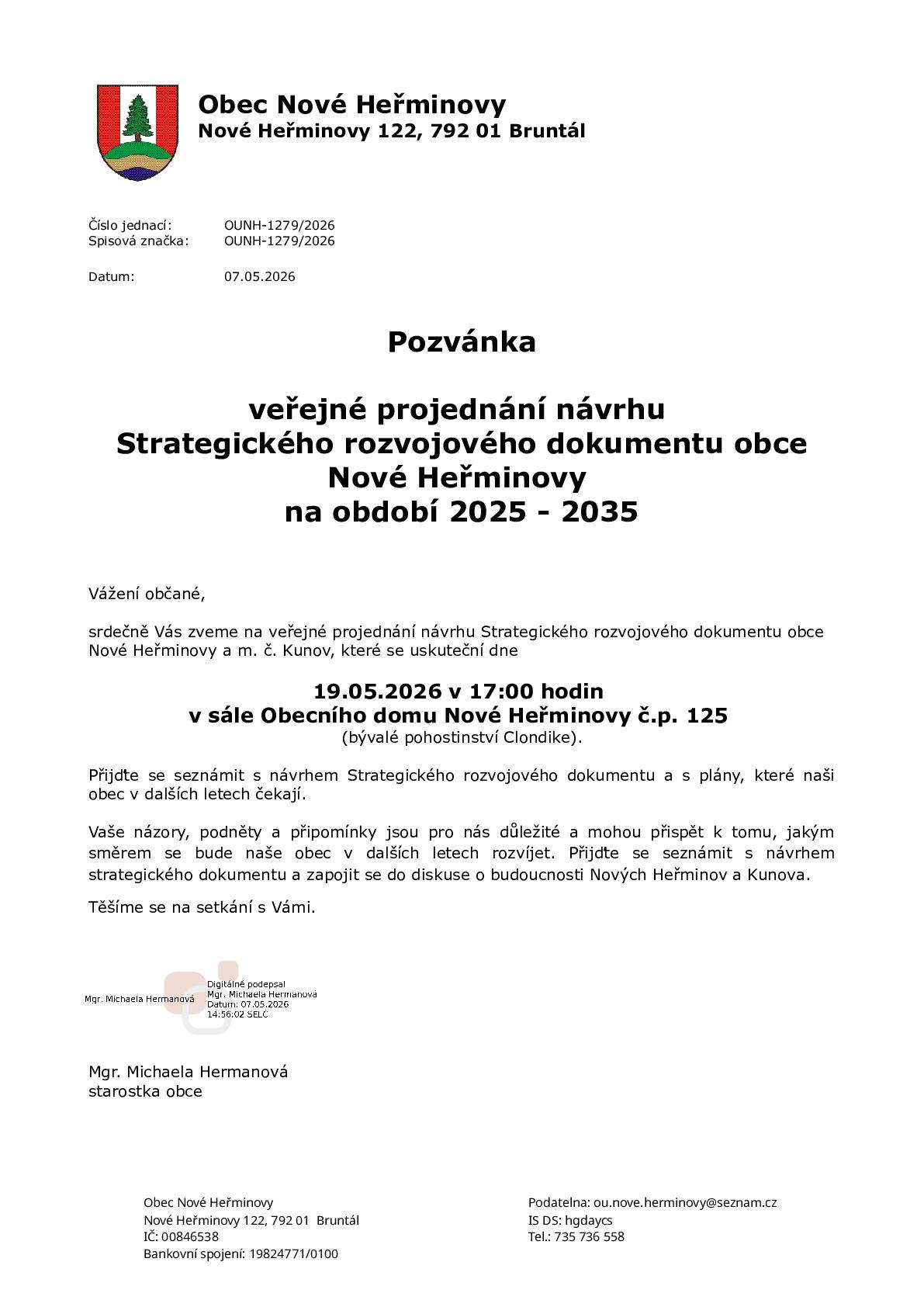 Vážení občané, přijďte v úterý 19.05.2026  v 17 hodin do Obecního domu v Nových Heřminovech! Co se bude dít? Mrkněte do přiložené pozvánky 😉 Těšíme se na setkání s Vámi!