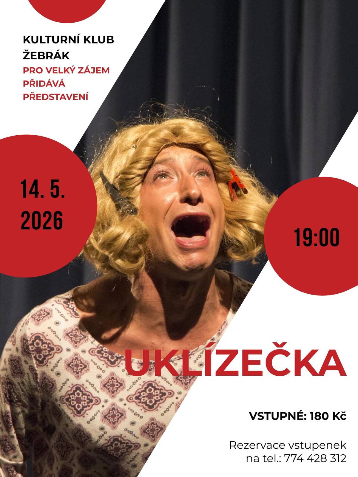 Ve čtvrtek 14. 5. od 19.00 hodin hrajeme na malém sále opět divadelní představení herce Marka Šmieda Uklízečka. Vstupenky na tel. 774428312.