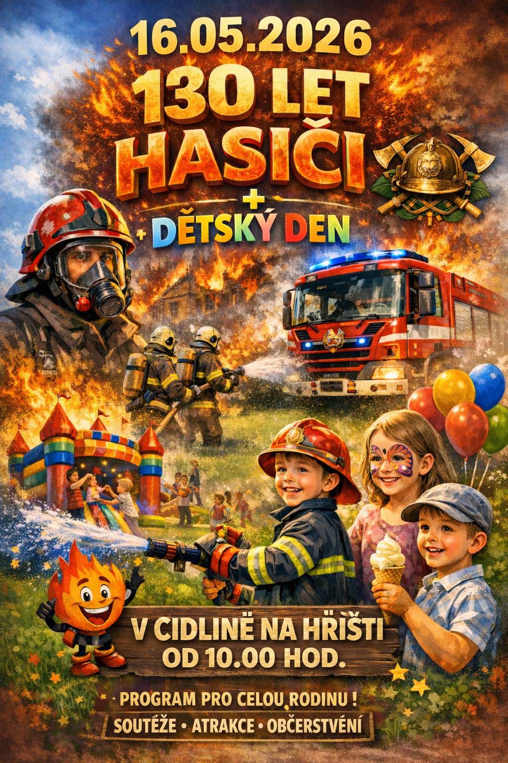 Jste srdečně zváni na oslavu 130 let hasičů a DĚTSKÝ DEN v Cidlině! Akce se koná v sobotu 16. května 2026 od 10 hodin na hřišti. Připraven je program pro celou rodinu (soutěže, atrakce, občerstvení). Těšíme se na vás!