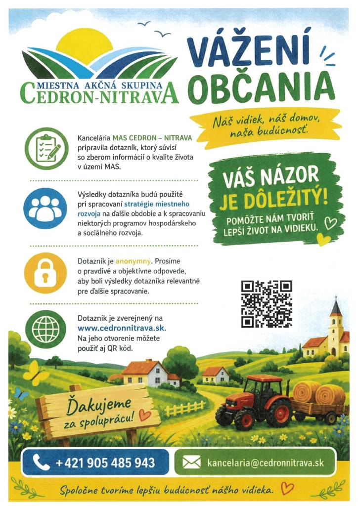 Občania v území MAS sú pozvaní na vyplnenie dotazníka, ktorý sa zameriava na zber informácií o kvalite života. Tento dotazník je dôležitým nástrojom, ktorého výsledky budú využité pri vytváraní stratégie miestneho rozvoja na nasledujúce obdobie. Okrem toho budú tieto informácie slúžiť aj na spracovanie programov hospodárskeho a sociálneho rozvoja, čo prispeje k zlepšeniu kvality života v regióne. Vyzývame všetkých občanov, aby sa zapojili a vyjadrili svoje názory.