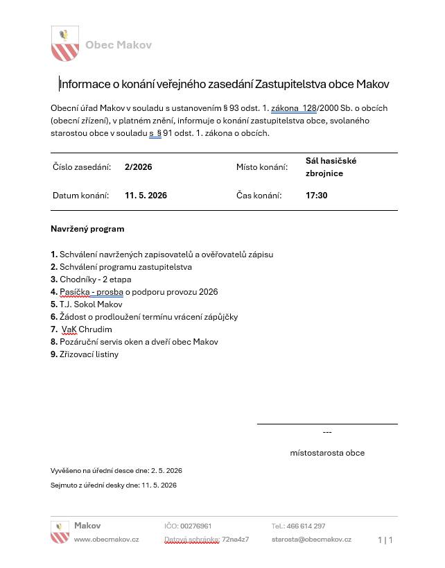 Pozvánka na veřejné zasedání Zastupitelstva obce Makov, konané v pondělí 11.5.2026 od 17:30 na sále hasičské zbrojnice.