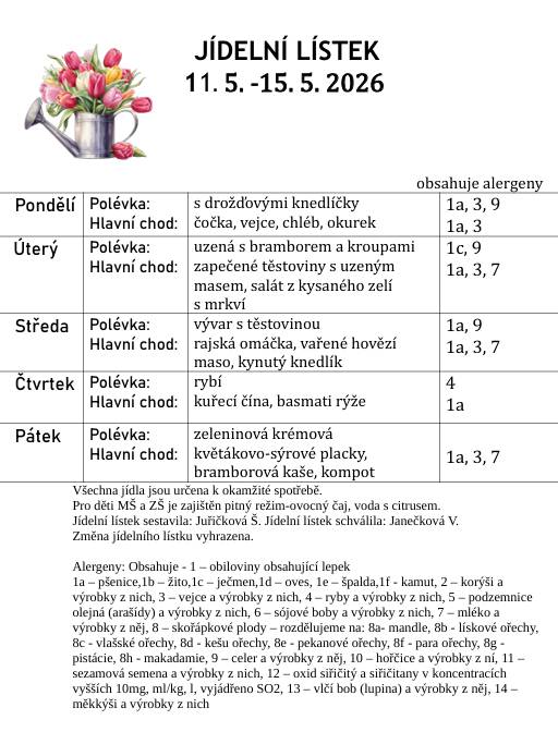 Jídelní lístek od 11.5. do 15.5.2026