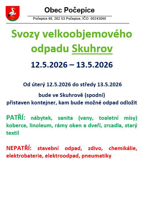 Svoz velkoobjemového odpadu ve Skuhrově od úterý 12.5.2026 do středy 13.5.2026