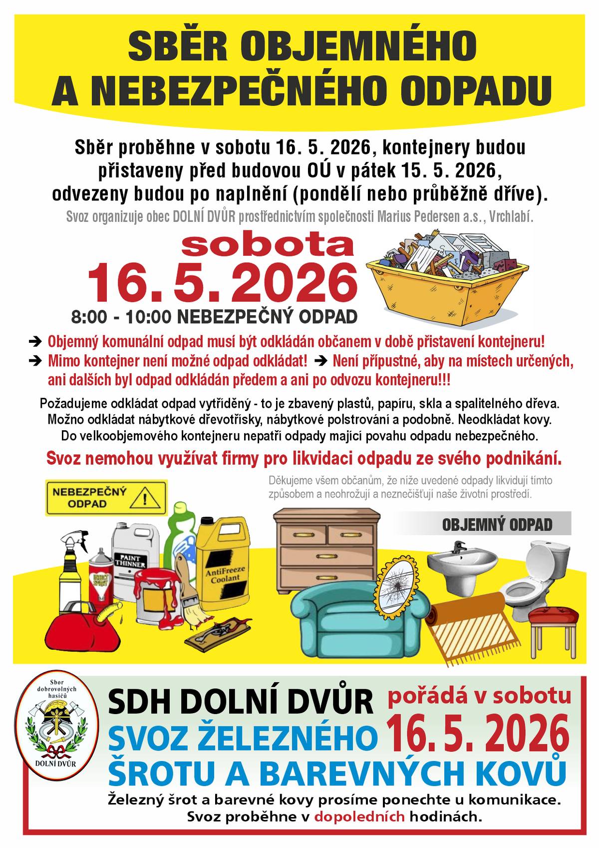 SBĚR OBJEMNÉHO A NEBEZPEČNÉHO ODPADU 16.5.2026