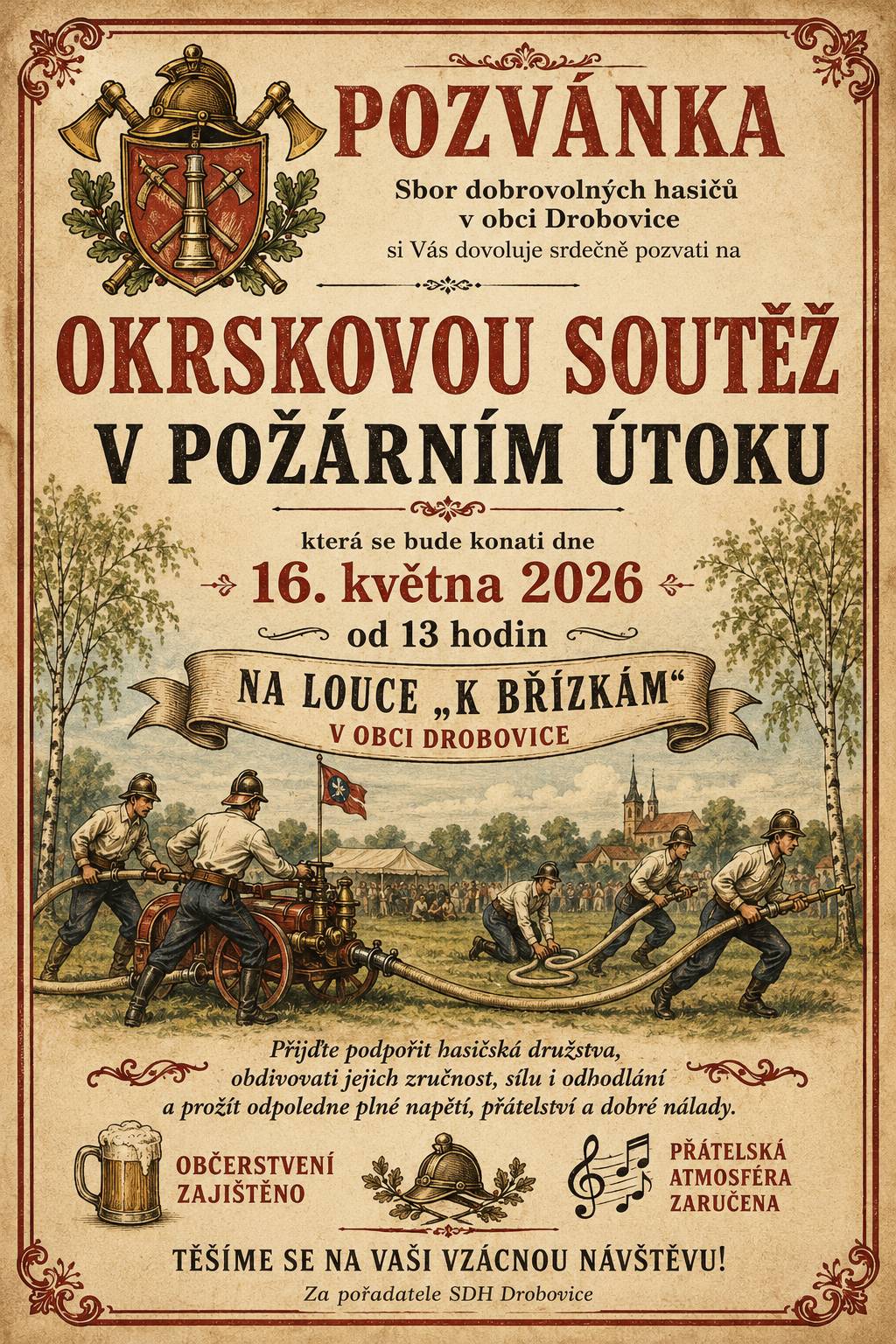 Tuto sobotu se uskuteční hasičská soutěž na louce u sběrného dvora od 13 hodin. Přijďte podpořit  naše hasiče a užit si příjemné odpoledne.