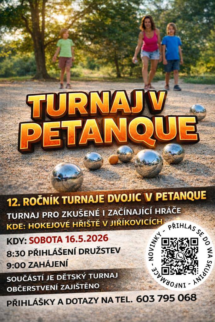 Zveme vás na 12. ročník turnaje dvojic v petanque. Turnaj je určen pro zkušené i začínající hráče.
