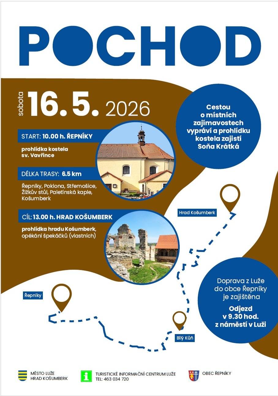🚶♂️ZVEME VÁS NA JARNÍ POCHOD – sobota 16. 5. 2026 Vydejte se s námi na příjemnou trasu z Řepníků až na hrad Košumberk! 🕙 Start: 10.00 h. – Řepníky ⛪ Prohlídka kostela sv. Vavřince 📏 Délka trasy: 6,5 km 📍 Trasa: Řepníky – Poklona – Střemošice – Žižkův stůl – Paletínská kaple – Košumberk 🏁 Cíl: 13:00 h. – hrad Košumberk 🏰 Prohlídka hradu + opékání špekáčků (vlastních) 📖 Cestou vás čeká výklad o místních zajímavostech a prohlídku kostela zajistí Soňa Krátká 🚌 Doprava zajištěna ZDARMA – odjezd v 9.30 h. z náměstí v Luži Těšíme se na společné putování! 🌿