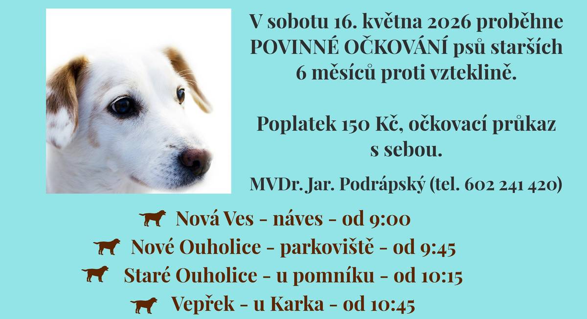 V sobotu 16. května dopoledne se koná očkování psů - rozpis zastávek a časů viz příloha. MVDR. Podrápský