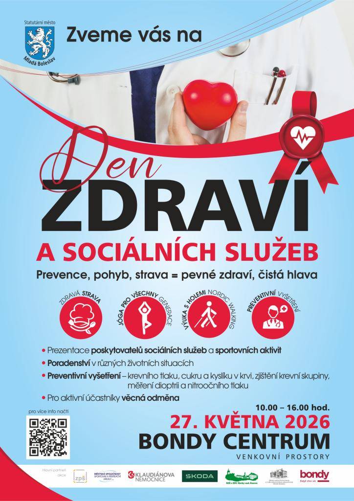 Zveme Vás ve středu 27. května 2026 od 10.00 do 16.00 hodin na venkovním prostoru před OC BONDY Mladá Boleslav na 6. ročník Dne zdraví a sociálních služeb.
