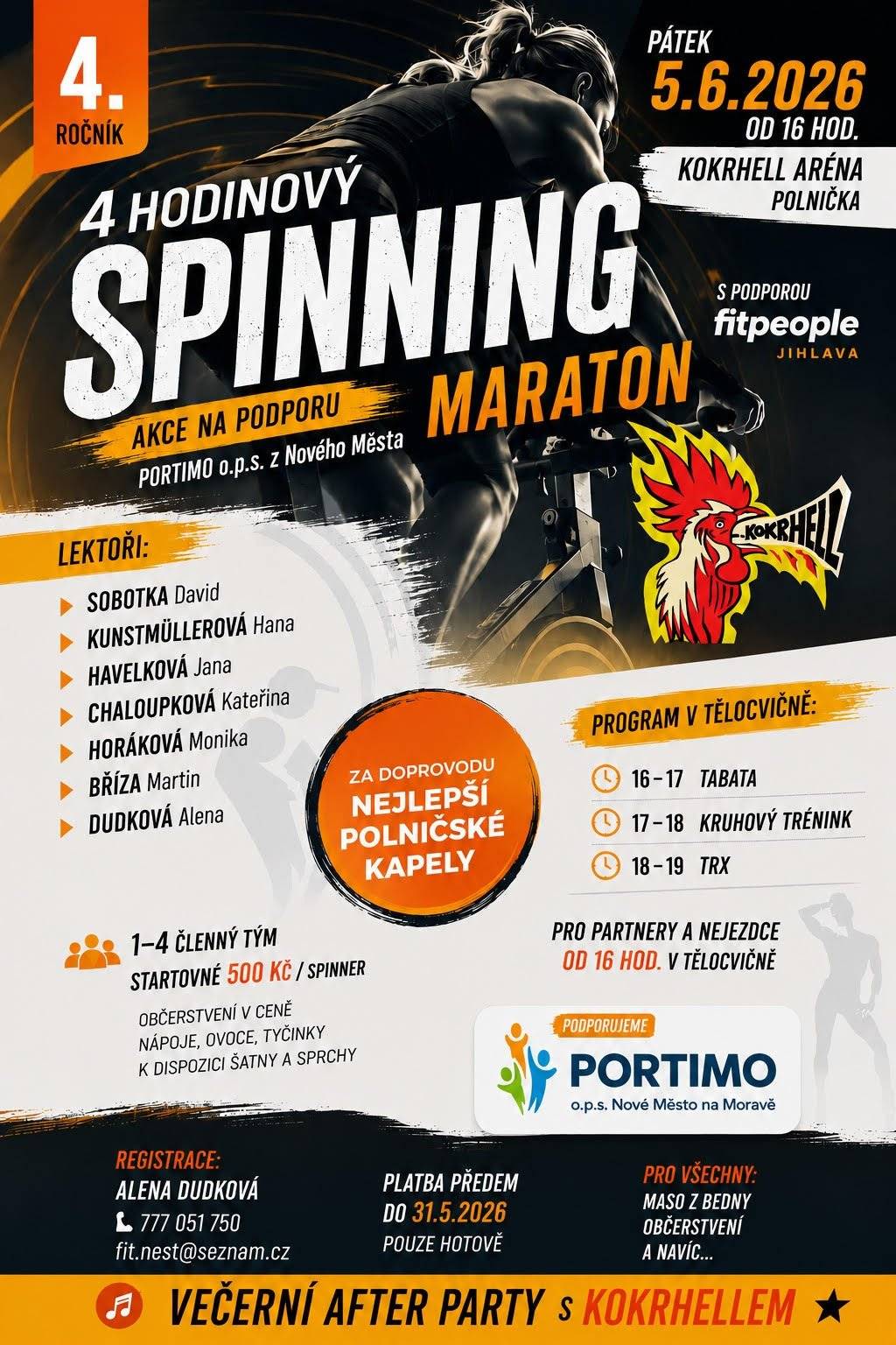 V pátek 5. 6. 2026 od 16 hodin se v Kokrhell Aréně v Polničce koná 4hodinový spinning maraton. Připraven je sportovní program, občerstvení i večerní after party. Více informací naleznete na přiloženém plakátu.