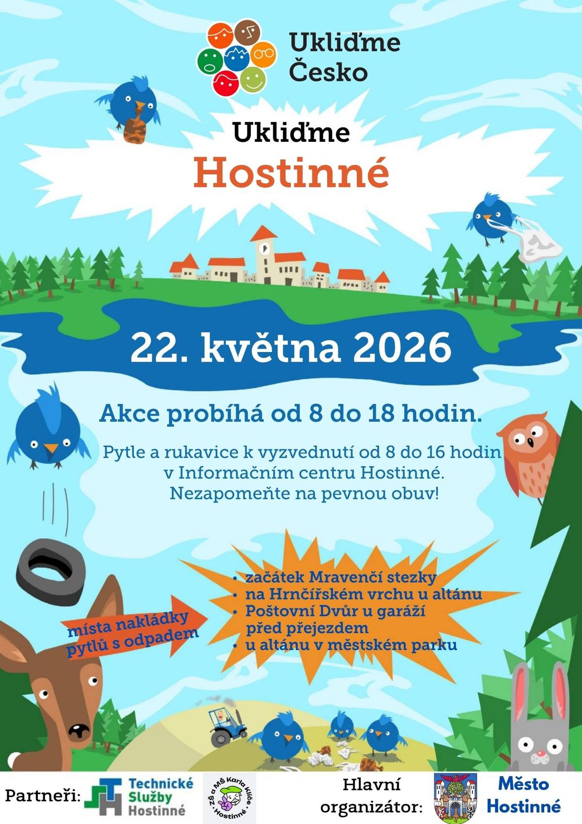 Město Hostinné se přidává k akci „Ukliďme Česko“.  Pomozte nám udělat naše město krásnější a příjemnější pro všechny! 🌿 Přijďte a zapojte se do společného úklidu. Každá ruka pomáhá a každý pytel odpadu má smysl. 📍Společně ukážeme, že nám na našem městě záleží. 🗓️pátek 22.května 2026 🕘8:00 -18:00  📌Infocentrum Hostinné – pytle a rukavice k vyzvednutí od 8 do 16 hod.
