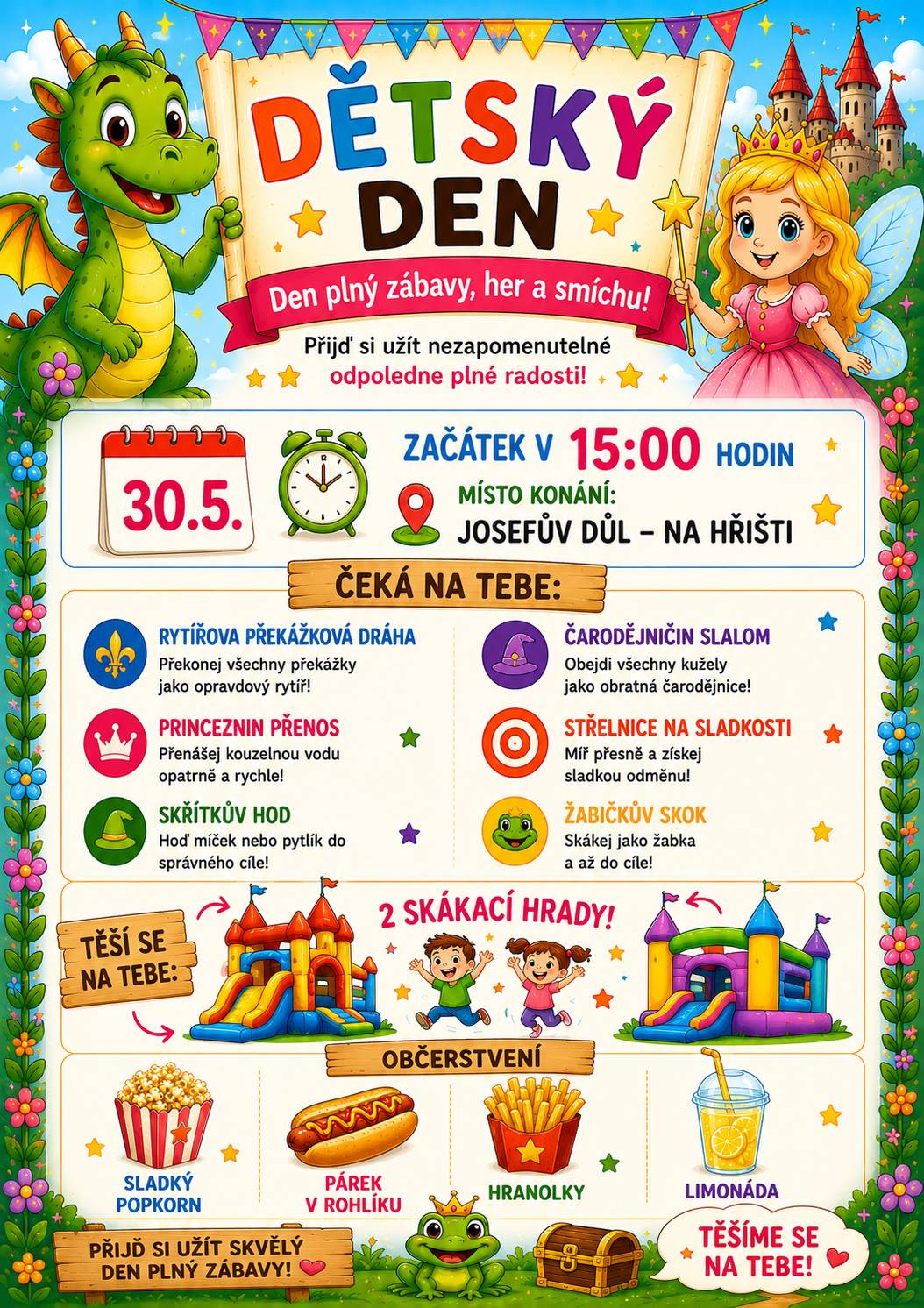 Dětský den se uskuteční 30.5 od 15:00 na hřišti v Josefové Dole.