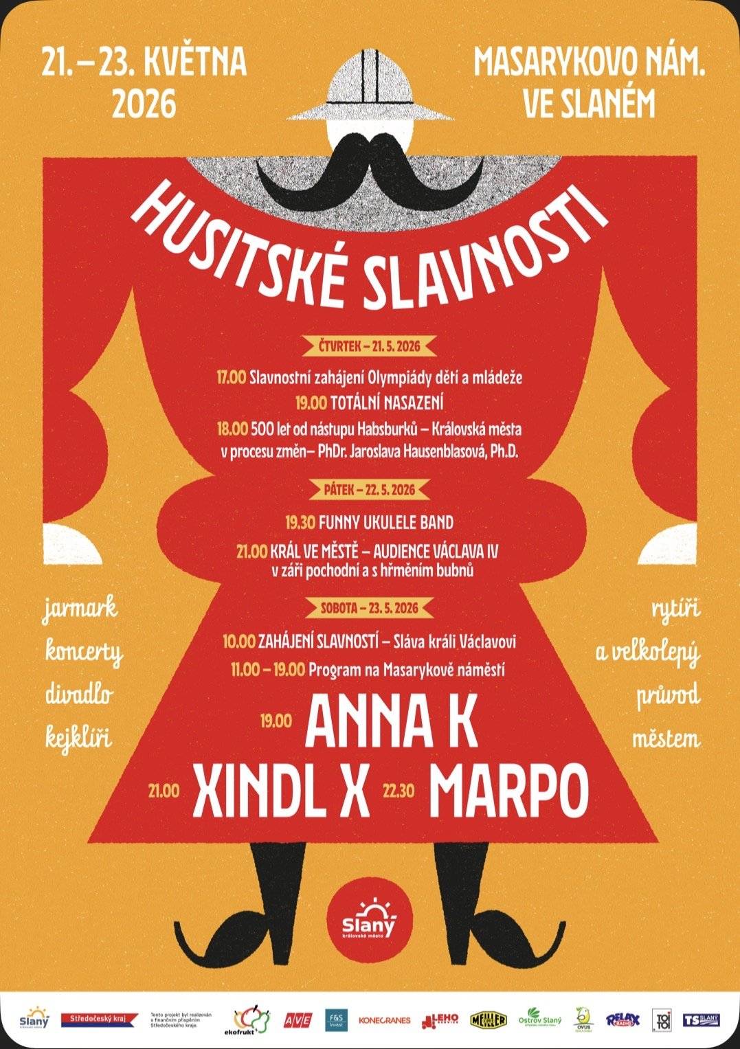 Milí sousedé z Beřovic a Bakova, dovolím si vás pozvat do Slaného na letošní Husitské slavnosti, které se konají v sobotu 23. května. Hudebními hosty letos budou Anna K., Xindl X a Marpo. Děkuji a přeji, ať se daří!