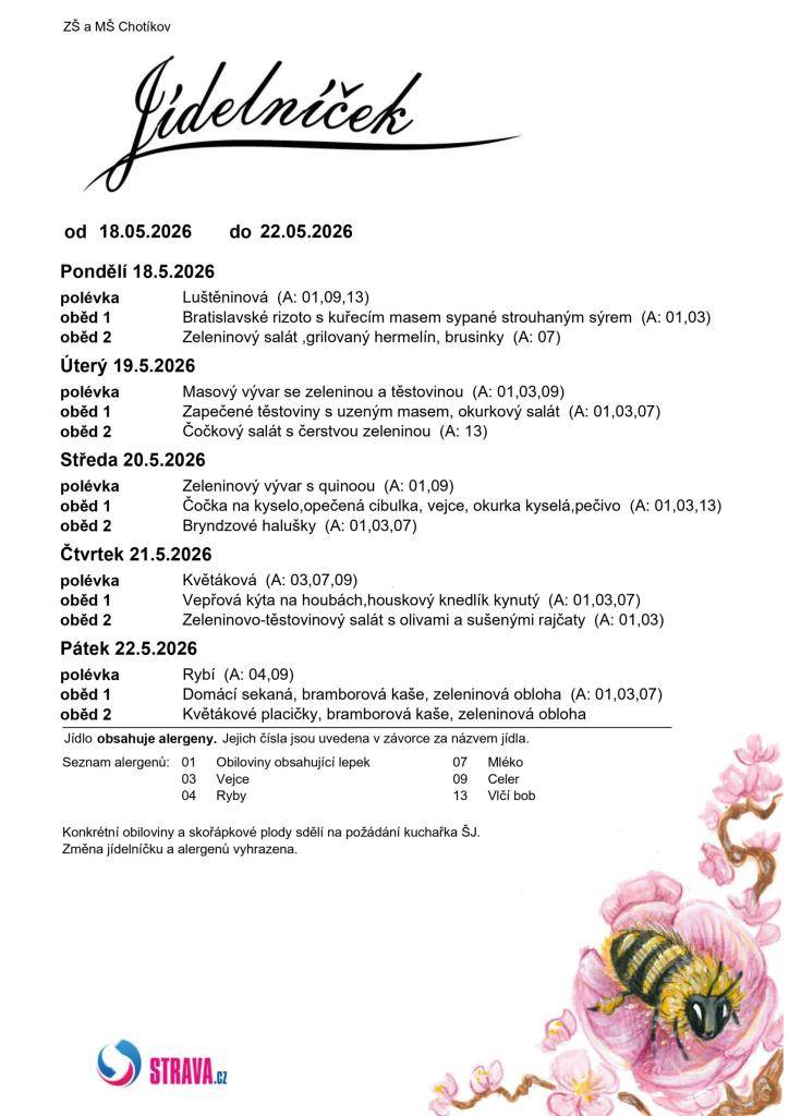 Jídelní lístek ZŠ a MŠ Chotíkov na týden 18. 05. 2026 - 22. 05. 2026.