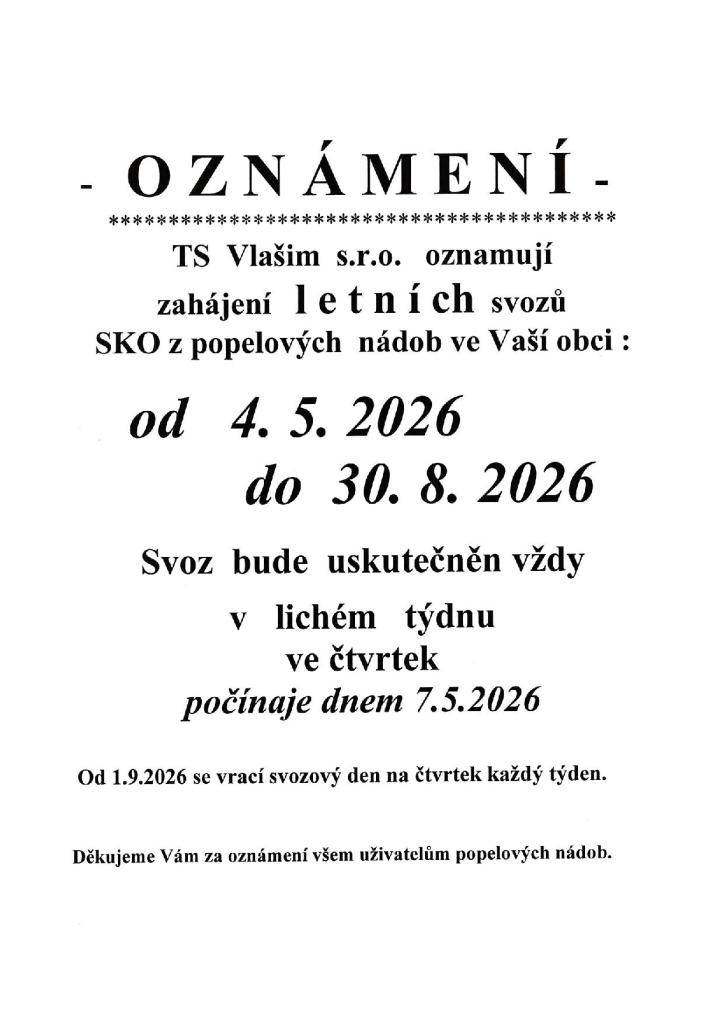 Svozy směsného komunálního odpadu budou ve čtvrtek pouze v LICHÉ TÝDNY, počínaje dnem 7.5. (tedy 1x za 14 dní).