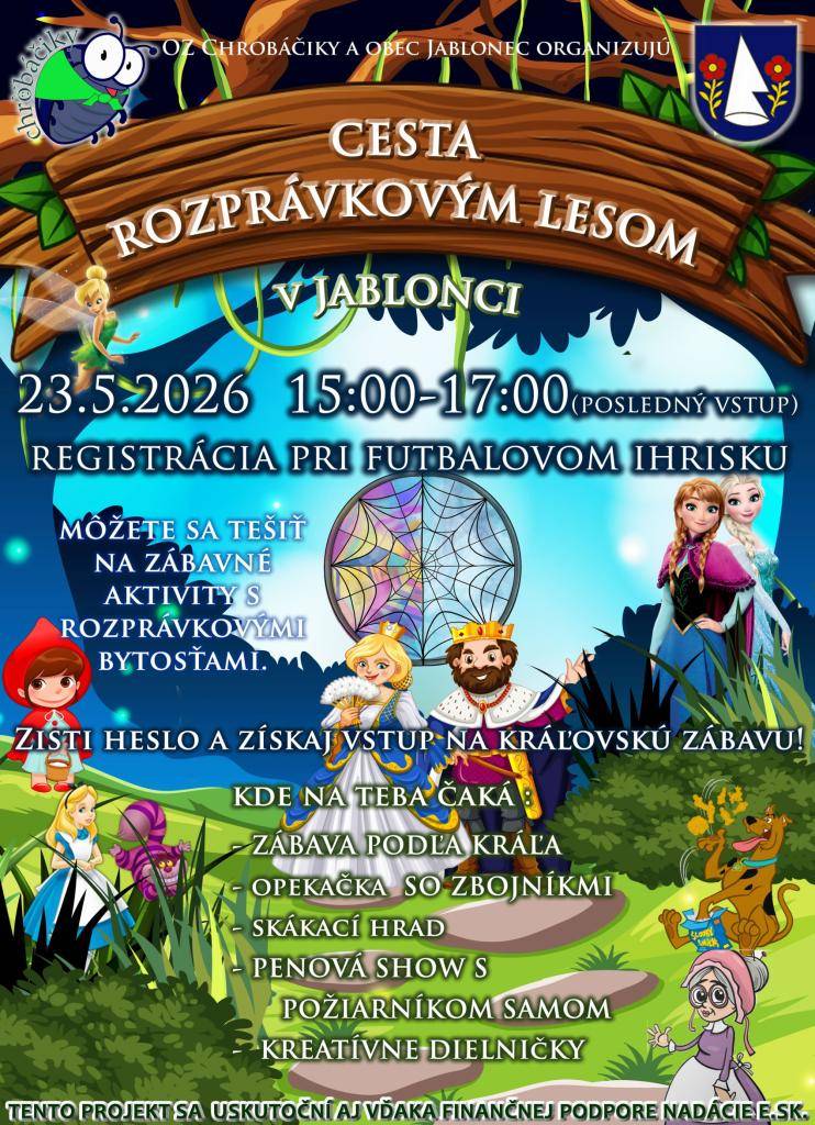 Obec Jablonec a OZ Chrobáčiky Vás srdečne pozývajú na čarovné popoludnie plné rozprávkových bytostí, zábavy a dobrodružstiev pre deti aj rodičov. MDD sa bude konať v sobotu 23. mája 2026 od 15:00 hodiny na náučnom chodníku a na futbalovom ihrisku.