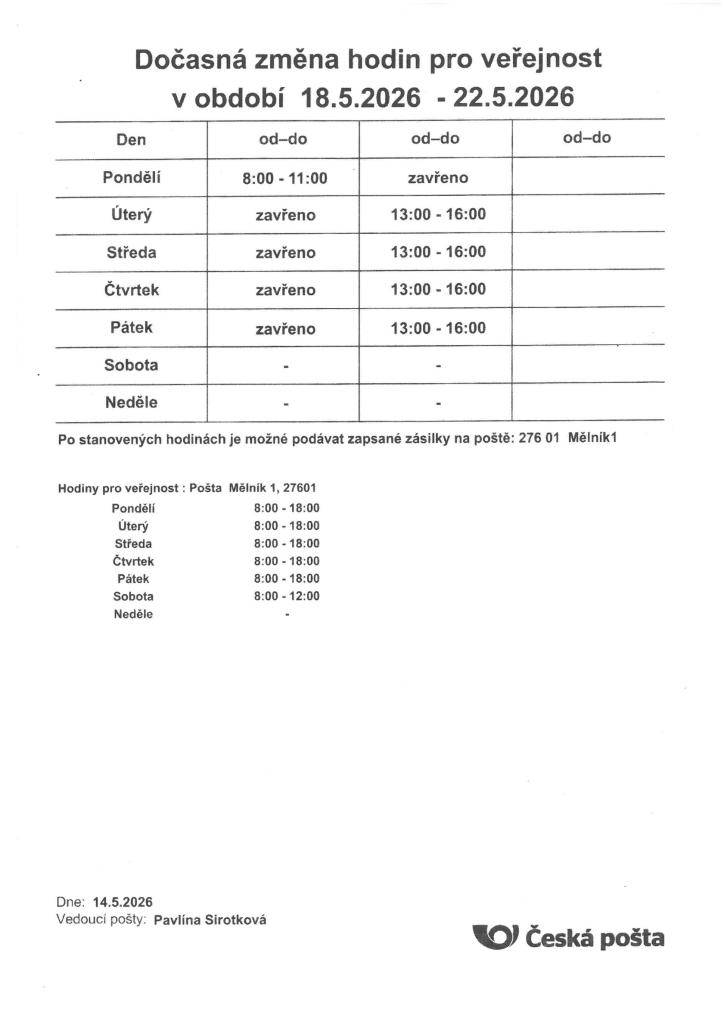 Pošta Kly oznamuje změnu hodin pro veřejnost ve dnech 18.-22.5.2026