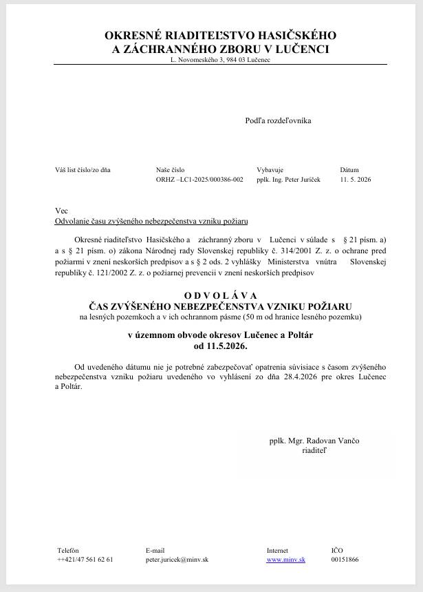 Odvolanie času zvýšeného nebezpečenstva vzniku požiaru.