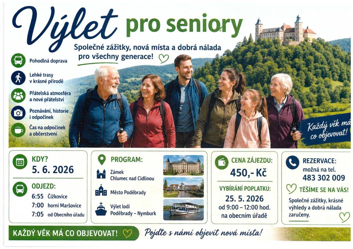 Obec Maršovice Vás zve na  výlet  pro  seniory, který se koná  5.6.2026.