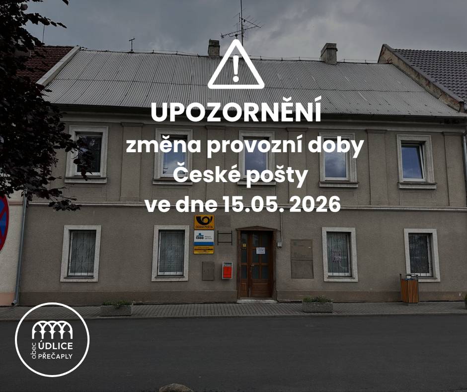 Vážení občané, upozorňujeme na změnu provozní doby České pošty dne 15.05.2026. Pošta bude otevřená od 11:00 do 15:00 hodin. Děkujeme za pochopení.