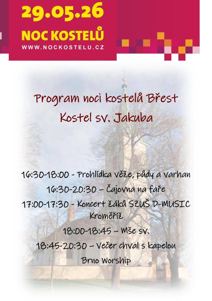 V pátek 29. května 2026 se v Břestu uskuteční Noc kostelů, která nabídne zajímavý program pro všechny návštěvníky.
