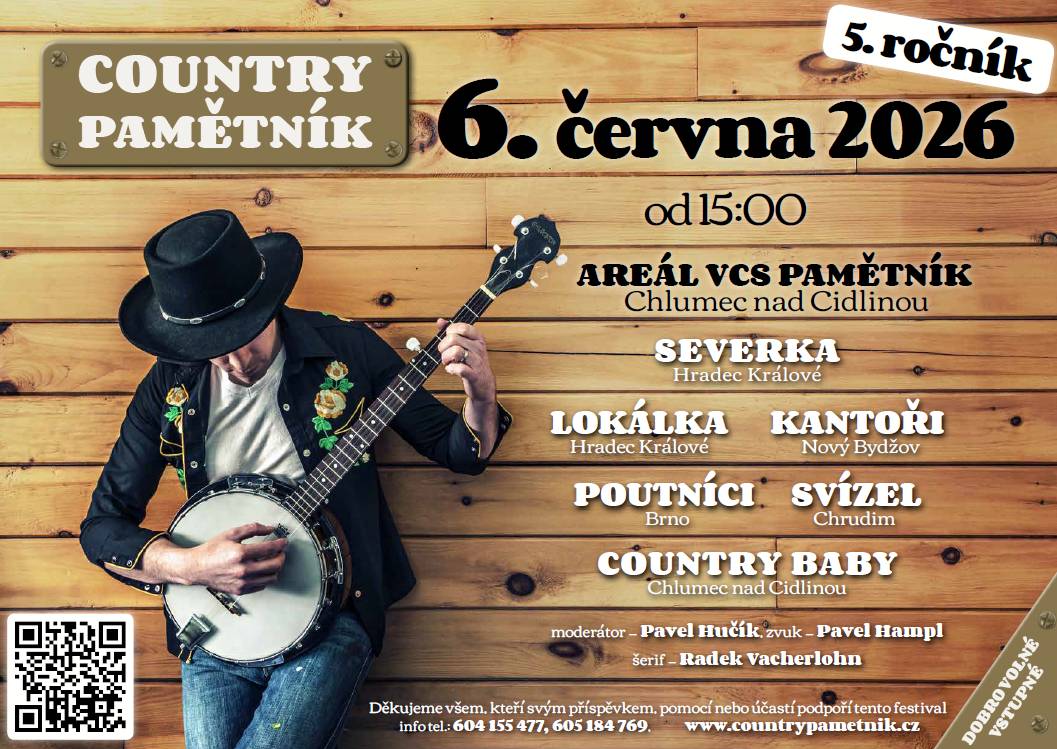 Srdečně Vás zveme na tradiční       5.ročník festival Country Pamětník, který se koná 6. 6. 2026 od 15 hod v  Areálu VCS Pamětník Chlumec nad Cidlinou.