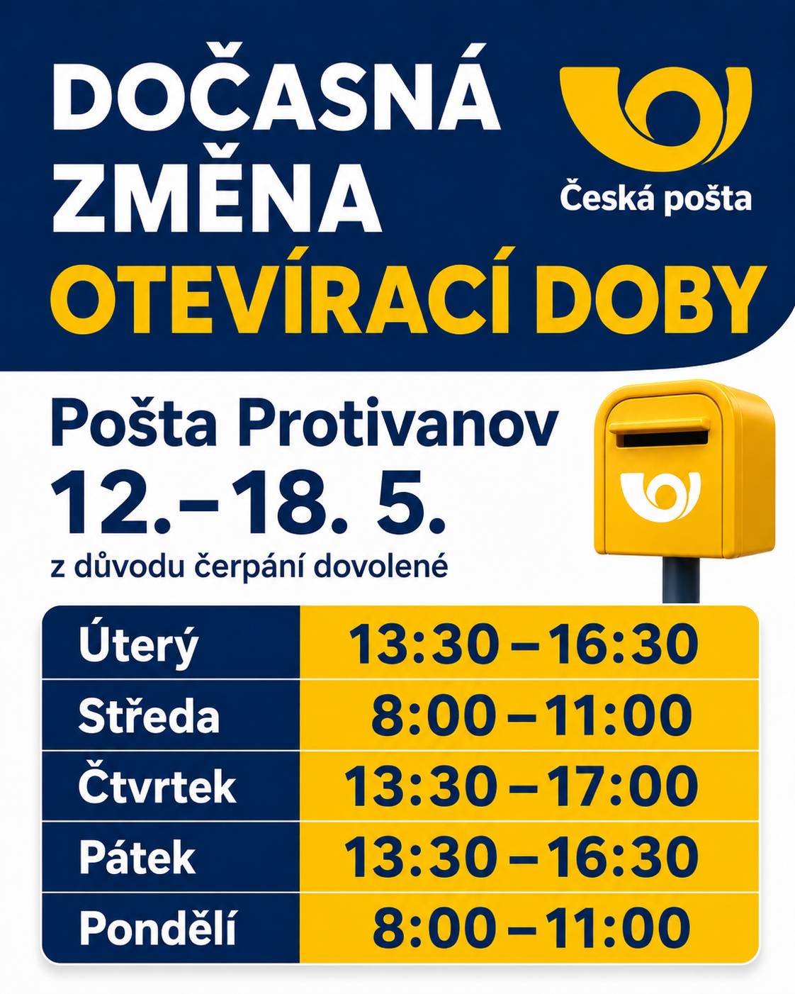Dočasná změna otevírací doby od 12.-18. května