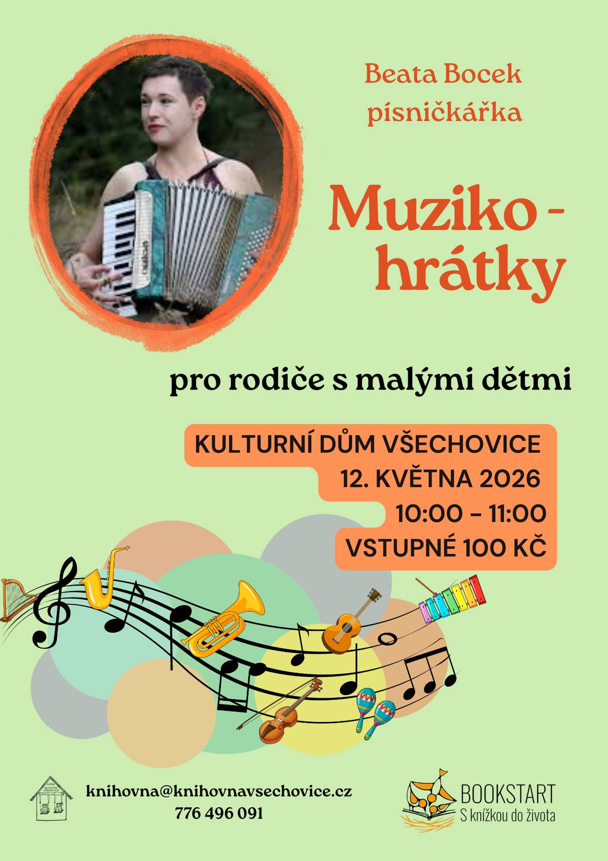 🎶 MUZIKOHRÁTKY V KNIHOVNĚ 🎶 Máte doma malého objevitele, který miluje rytmus a písničky? Přijďte si společně užít dopoledne plné hudby a radosti! Knihovna Všechovice vás srdečně zve na hudební setkání s úžasnou Beatou Bocek. ✨ Pro koho: děti od 2 měsíců do 4 let (v doprovodu rodičů) 🗓️ Kdy: úterý 12. května 🕙 Čas: od 10:00 hodin 📍 Kde: Kulturní dům Všechovice 💰 Vstupné: 100 Kč za dítě Co vás čeká? 🥁 Společné objevování zvuků a rytmů 🎸 Jemná a hravá hudba v podání profesionální hudebnice 👶 Rozvoj vnímání a motoriky vašich nejmenších ☕ Setkání s ostatními rodiči v přátelské atmosféře Těšíme se na vás i vaše malé muzikanty! 👋