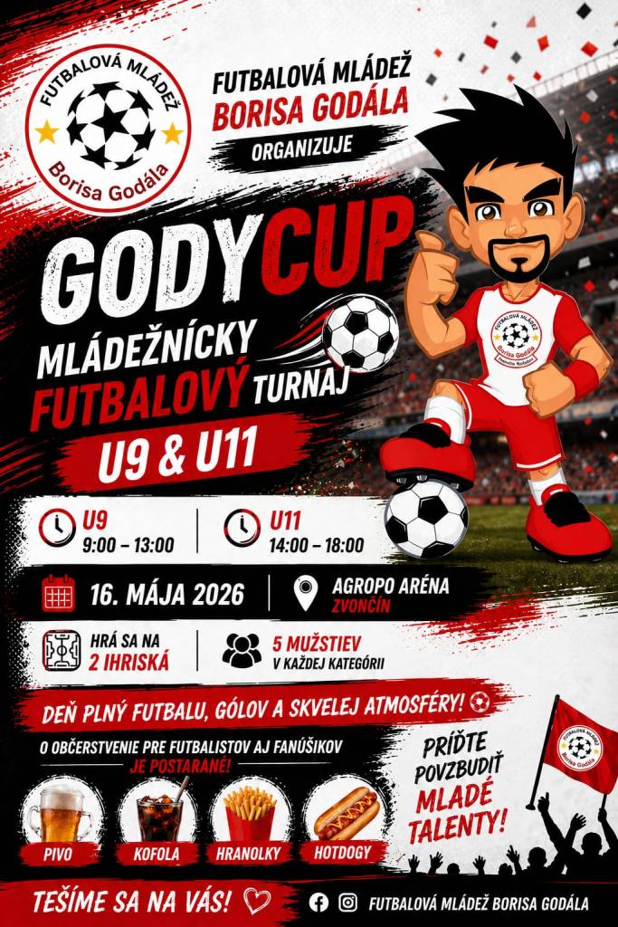 Futbalová mládež Borisa Godála organizuje v sobotu 16.5.2026  mládežnícky futbalový turnaj GodyCup. Príďte podporiť mladé talenty.
