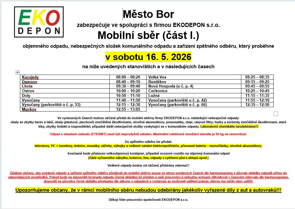 Mobilní svoz dne 16. a 17.05.2026