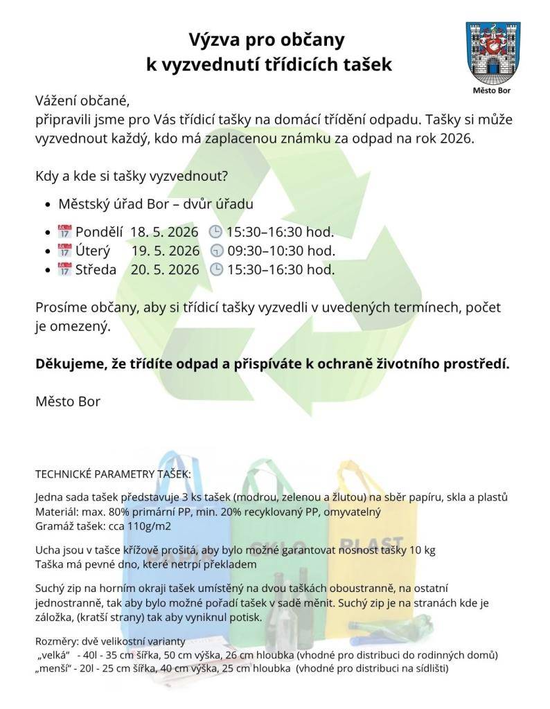 Výzva pro občany k vyzvednutí třídících tašek