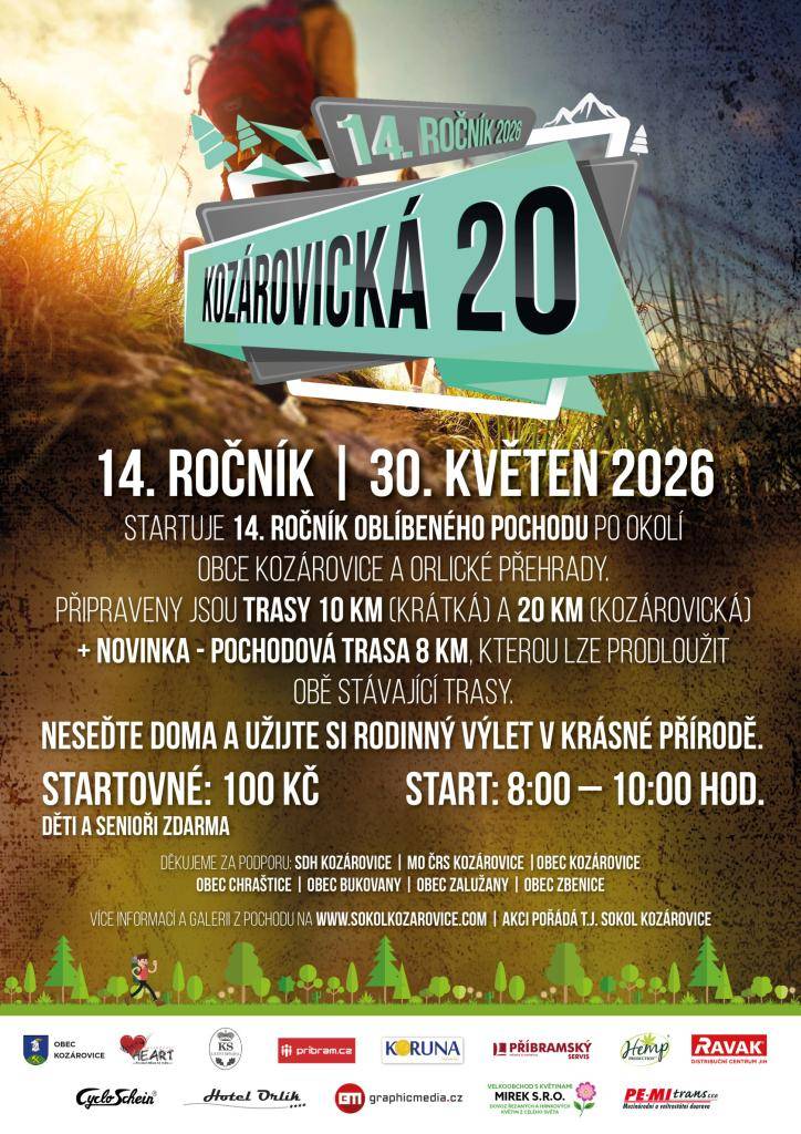zveme Vás na již 14.Ročník pochodu Kozárovická 20  30.května start 8:00-10:00  startovné 100,- (děti a senioři - zdarma)