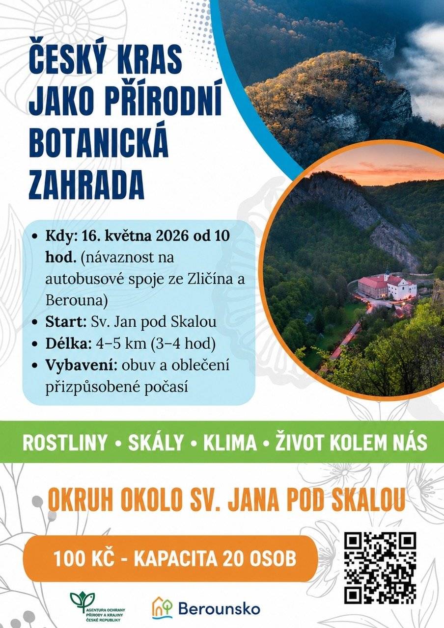 Dovolujeme si Vás pozvat na další vycházku přírodou, která se uskuteční v sobotu 16. 5. od 10 hodin ve Svatém Janu pod Skalou.   Bližší informace naleznete na našich webových stránkách:   https://www.berounsko.net/udalosti/cesky-kras-jako-prirodni-botanicka-zahrada/   Rezervace místa:   https://registrace.berounsko.net/