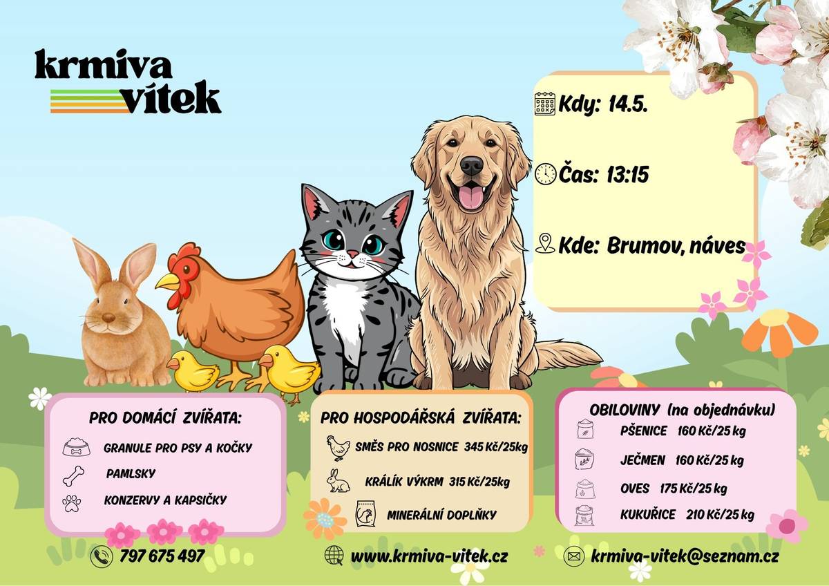 Firma Vítek bude prodávat krmiva pro domácí a hospodářská zvířata. Nyní v akci: Králík výkrm 315 Kč/25 kg, nově v nabídce krmná směs pro nosnice značky Bocus 345 Kč/25 kg a kapsičky pro kočky od 4,50 Kč/ks. Dále proběhne výkup králičích kůží za 15 Kč/ks. Prodej proběhne ve čtvrtek 14. 5. ve 13:15 na návsi.