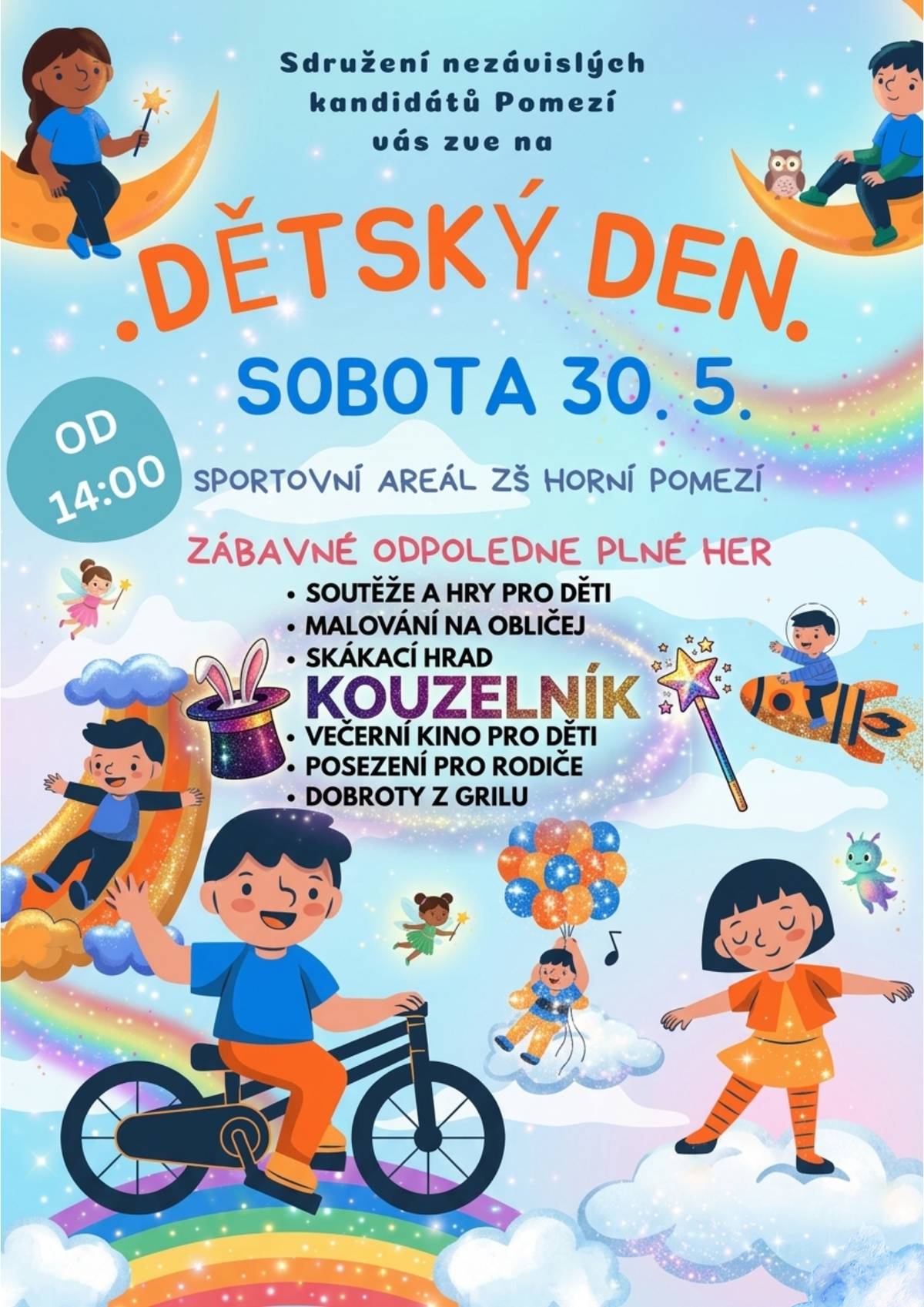 Přijďte si s dětmi užít zábavné odpoledne plné her ⚽️ a soutěží 🥇  v sobotu 30. května od 14.00 hodin do sportovního areálu ZŠ horní. Připraven bude i skákací hrad, malování na obličej a vystoupení kouzelníka. Těší se na Vás členové Sdružení nezávislých kandidátů Pomezí