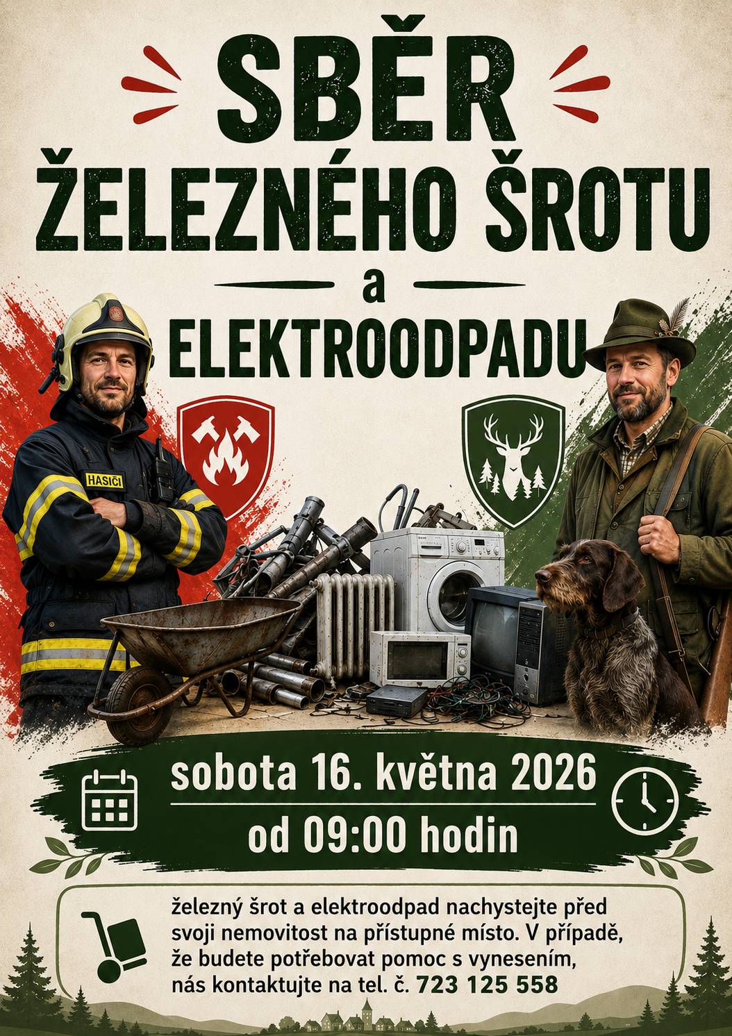 V sobotu 16. května 2026 od 9:00 hodin proběhne sběr železného šrotu a elektroodpadu, který pořádá SDH Olomučany a Myslivecké sdružení. Prosíme, nachystejte materiál před svou nemovitost na přístupné místo. Pokud budete potřebovat pomoc s vynesením, kontaktujte nás na uvedeném telefonním čísle.
