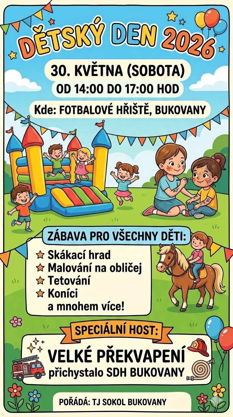 TJ Sokol Bukovany zve všechny děti i rodiče na Dětský den, který se uskuteční v sobotu 30. května 2026 od 14:00 hodin na fotbalovém hřišti v Bukovanech. Čeká vás odpoledne plné zábavy, her, soutěží a překvapení pro malé i větší děti. Více informací najdete na přiloženém plakátu. Těšíme se na vás .😊
