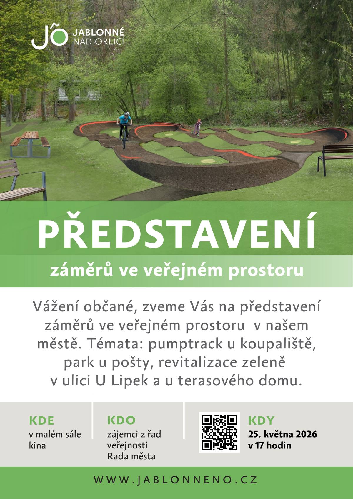 Vážení občané, zveme Vás na představení záměrů ve veřejném prostoru v našem městě. Témata: pumptrack u koupaliště, park u pošty, revitalizace zeleně v ulici U Lipek a u terasového domu. Termín: 25. května 2026 v 17 hod.