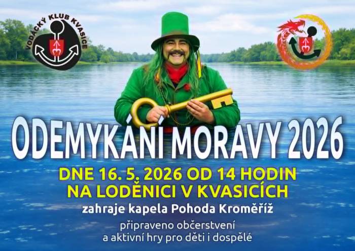 Vodácký klub Kvasice pořádá v sobotu 16.5. od 14,00 hodin odemykání Moravy na loděnici ve Kvasicích. Zároveň v kostele Nanebevzetí Panny Marie proběhne mše svatá. Po skončení mše bude následovat průvod od kostela na loděnici, kde proběhne slavnostní žehnání klíče a následné odemknutí řeky Moravy.