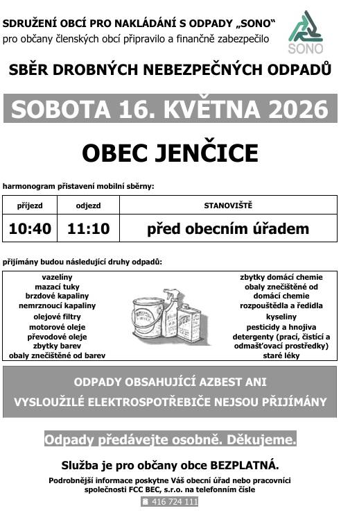Připomínáme sběr drobných nebezpečných odpadů,který se uskuteční v sobotu 16.5.2026 před restaurací ("na váze") v 10:40 - 11:10 hod.