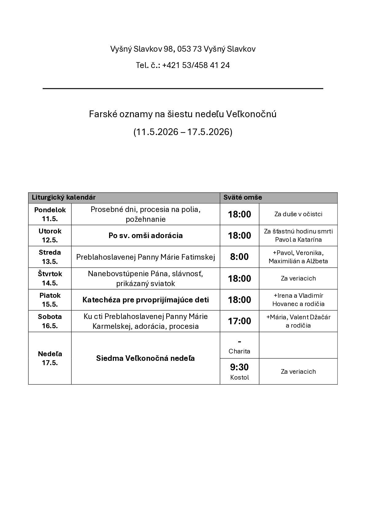 Farské oznamy na 20. týždeň