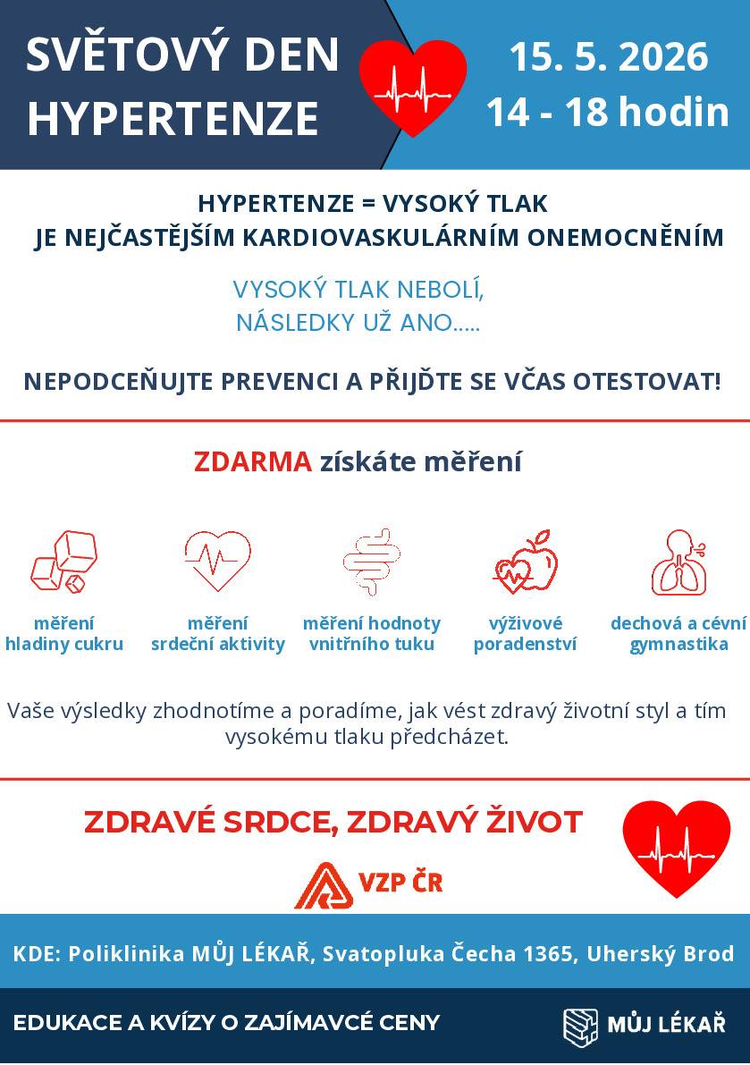 Poliklinika MŮJ LÉKAŘ, Svatopluka Čecha 1365, v Uherském Brodě, zve všechny na SVĚTOVÝ DEN HYPERTENZE, který se koná v pátek 15. 5. 2026 od 14 do 18 hodin.  V TENTO DEN NABÍDNEME:     Změříme a zkontrolujeme:  ZÁKLADNÍ TĚLESNÉ HODNOTY:  • TLAK a tep pro včasné odhalení srdečního onemocnění • hladinu CUKRU v krvi glukometrem • SRDEČNÍ aktivitu pomocí přístroje EKG • ABI index, který může časně odhalit onemocnění TEPEN • saturaci O2 – měření nasycení krve kyslíkem • VNITŘNÍ TUK   Výsledky zhodnotíme a poradíme, jak vést zdravý životní styl a tím vysokému tlaku předcházet.   VŠECHNA VYŠETŘENÍ JSOU ZDARMA A NENÍ TŘEBA SE NA NĚ PŘEDEM REZERVOVAT.